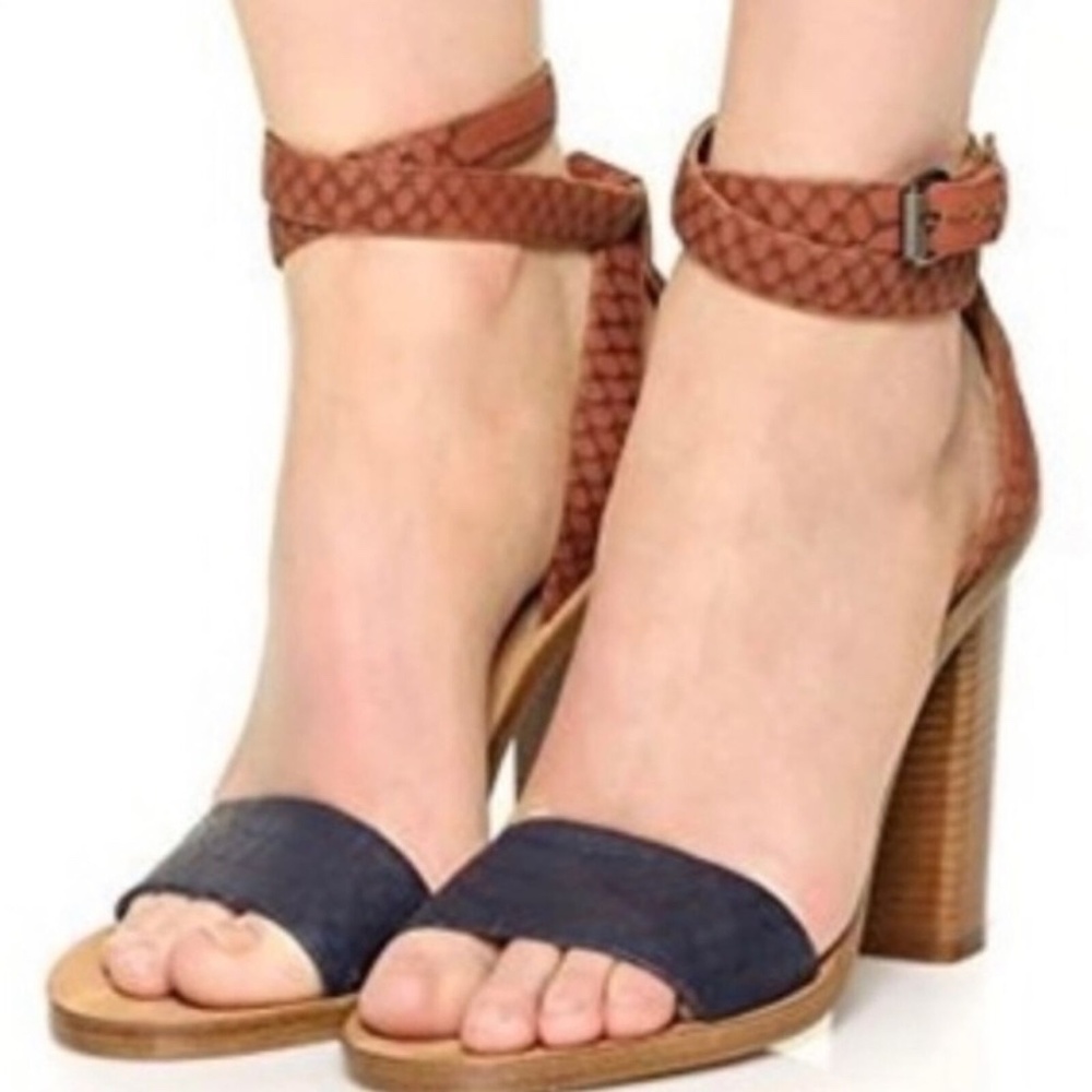 Vince Nava Leather Snake Embossed Ankle Wrap Heel sandals blue brown Sz 8 EUR 38